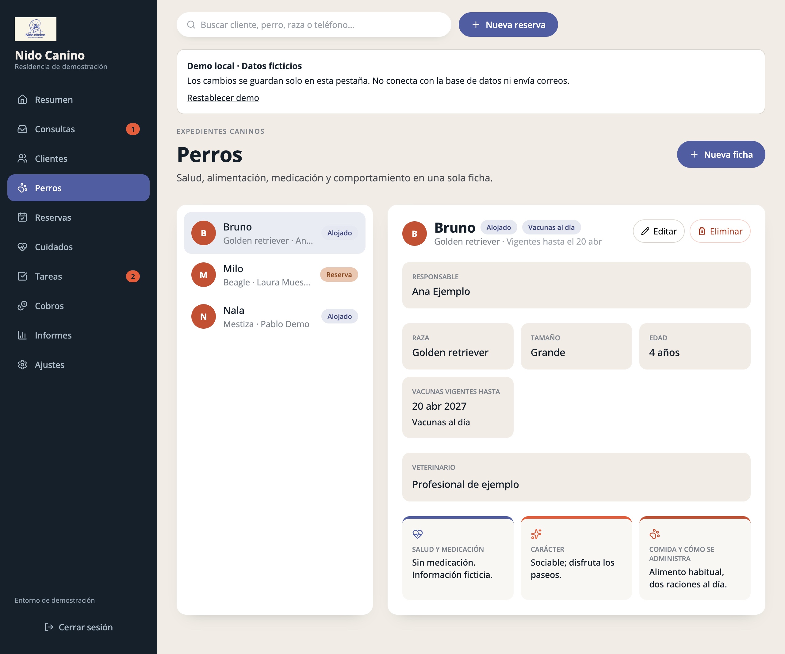 Fichas de mascotas de Nido Canino. Tutor, vacunas, alimentación, salud y datos del veterinario en una misma ficha. Datos de demostración.