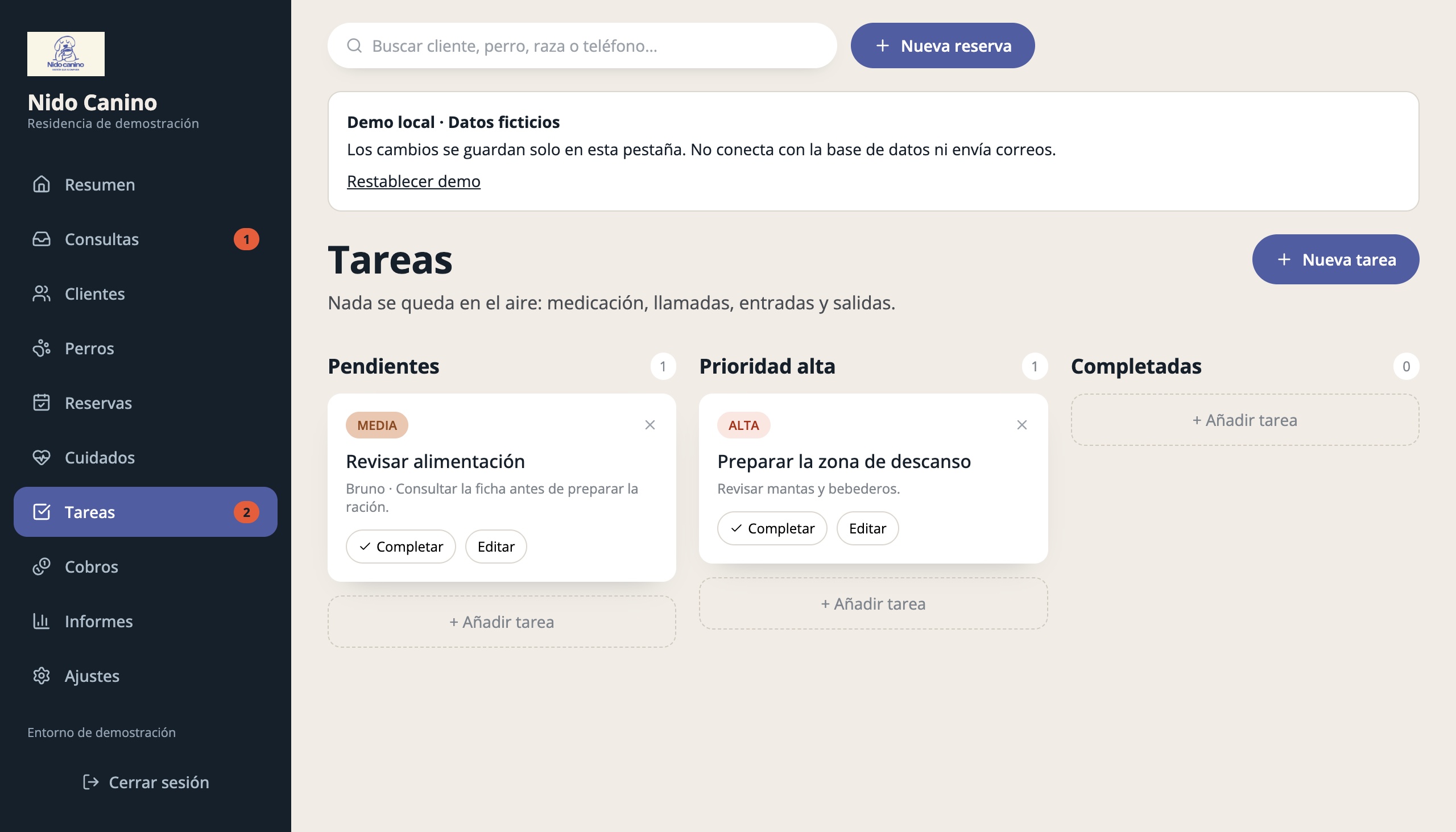 Tareas del equipo de Nido Canino. Pendientes, prioridad alta y tareas completadas, generales o vinculadas a una mascota. Datos de demostración.